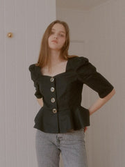 Tailored Linen Blouse With Puff Sleeves and Sculpted Peplum Silhouette