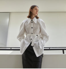Tailored Linen Shirt with Belt and Puff Sleeves – Crisp Button-Down with Modern Silhouette