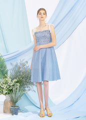 Cotton Poplin Sleeveless Smocked Midi Dress with Tie Shoulder Straps and Flared Hem