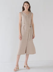 Sleeveless Linen Midi Dress with Button Front, Waist Tie, and Side Slit Detail