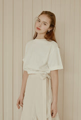 Cropped Linen Blouse With Elastic Hem And Short Sleeves For Refined Casual Styling