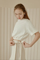 Cropped Linen Blouse With Elastic Hem And Short Sleeves For Refined Casual Styling
