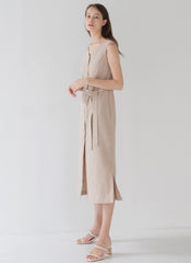 Sleeveless Linen Midi Dress with Button Front, Waist Tie, and Side Slit Detail