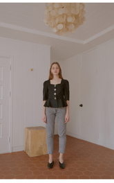 Tailored Linen Blouse With Puff Sleeves and Sculpted Peplum Silhouette