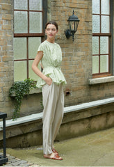 Crinkled Linen Blouse with Waist Tie and Button Front – Cap Sleeve Peplum Summer Top