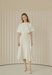 Flared Hem Linen Midi Skirt with Side Tie Detail and High Waist Silhouette