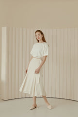 Flared Hem Linen Midi Skirt with Side Tie Detail and High Waist Silhouette