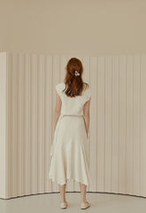 Flared Hem Linen Midi Skirt with Side Tie Detail and High Waist Silhouette