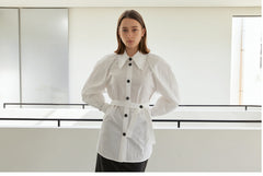 Tailored Linen Shirt with Belt and Puff Sleeves – Crisp Button-Down with Modern Silhouette