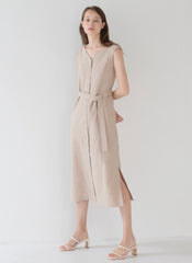 Sleeveless Linen Midi Dress with Button Front, Waist Tie, and Side Slit Detail