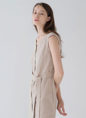Sleeveless Linen Midi Dress with Button Front, Waist Tie, and Side Slit Detail