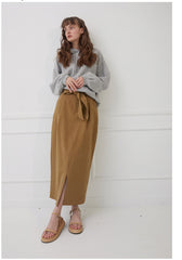 High-Waisted Linen Midi Skirt with Front Slit and Clean Seams for Effortless Elegance