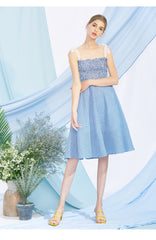 Cotton Poplin Sleeveless Smocked Midi Dress with Tie Shoulder Straps and Flared Hem