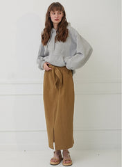 High-Waisted Linen Midi Skirt with Front Slit and Clean Seams for Effortless Elegance