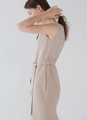 Sleeveless Linen Midi Dress with Button Front, Waist Tie, and Side Slit Detail