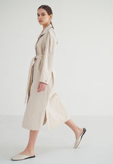Structured Linen Blend Coat Dress with Button Front, Defined Collar, and Side Slits