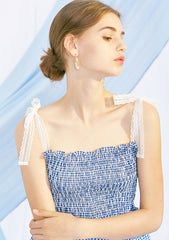 Cotton Poplin Sleeveless Smocked Midi Dress with Tie Shoulder Straps and Flared Hem