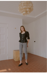 Tailored Linen Blouse With Puff Sleeves and Sculpted Peplum Silhouette