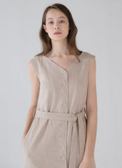 Sleeveless Linen Midi Dress with Button Front, Waist Tie, and Side Slit Detail