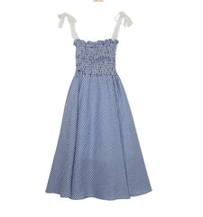 Cotton Poplin Sleeveless Smocked Midi Dress with Tie Shoulder Straps and Flared Hem