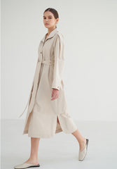 Structured Linen Blend Coat Dress with Button Front, Defined Collar, and Side Slits