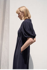 Linen Blend Puff Sleeve Midi Dress with Button Front and Sculpted Collar Detail