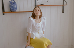 Asymmetric Hem Midi Linen Skirt with Textured Knit Detail