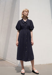 Linen Blend Puff Sleeve Midi Dress with Button Front and Sculpted Collar Detail