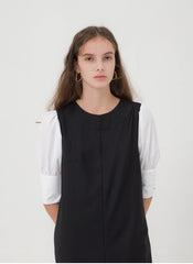 Sleeveless Linen Midi Dress with Tailored Fit, Front Pleat, and Layering-Friendly Design