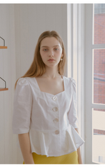 Linen Peplum Blouse With Square Neckline And Statement Buttons