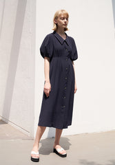 Linen Blend Puff Sleeve Midi Dress with Button Front and Sculpted Collar Detail