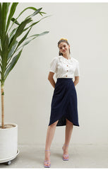 Linen Eyelet Blouse with Scalloped Collar and Puff Sleeves – Button-Down Feminine Design