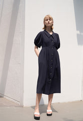 Linen Blend Puff Sleeve Midi Dress with Button Front and Sculpted Collar Detail