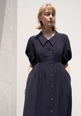 Linen Blend Puff Sleeve Midi Dress with Button Front and Sculpted Collar Detail
