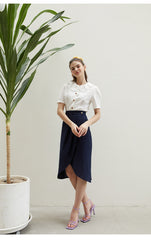 Linen Eyelet Blouse with Scalloped Collar and Puff Sleeves – Button-Down Feminine Design