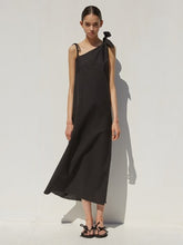 One-Shoulder Linen Midi Dress with Adjustable Tie Straps and Raw Hemline Finish