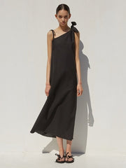 One-Shoulder Linen Midi Dress with Adjustable Tie Straps and Raw Hemline Finish