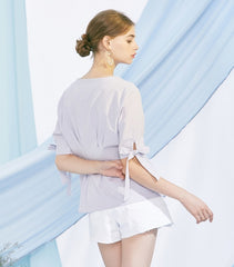 V-neck Linen Blouse with Statement Buttons and Tie Sleeves – Lightweight Summer Linen Top