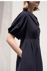Linen Blend Puff Sleeve Midi Dress with Button Front and Sculpted Collar Detail