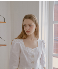 Linen Peplum Blouse With Square Neckline And Statement Buttons