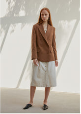 Women's Button-Down Midi Dress in Lightweight Linen with V-Neck and Elastic Back Waist Detail