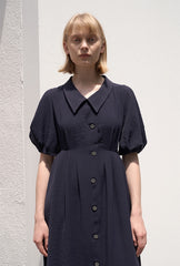 Linen Blend Puff Sleeve Midi Dress with Button Front and Sculpted Collar Detail