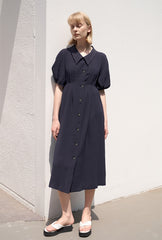 Linen Blend Puff Sleeve Midi Dress with Button Front and Sculpted Collar Detail