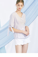 V-neck Linen Blouse with Statement Buttons and Tie Sleeves – Lightweight Summer Linen Top