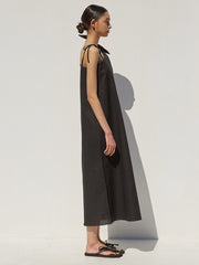 One-Shoulder Linen Midi Dress with Adjustable Tie Straps and Raw Hemline Finish