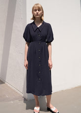 Linen Blend Puff Sleeve Midi Dress with Button Front and Sculpted Collar Detail