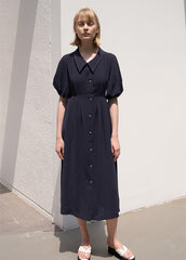 Linen Blend Puff Sleeve Midi Dress with Button Front and Sculpted Collar Detail