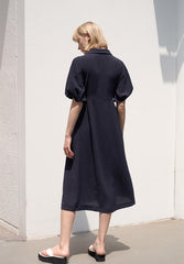 Linen Blend Puff Sleeve Midi Dress with Button Front and Sculpted Collar Detail