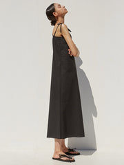 One-Shoulder Linen Midi Dress with Adjustable Tie Straps and Raw Hemline Finish