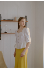 Linen Peplum Blouse With Square Neckline And Statement Buttons